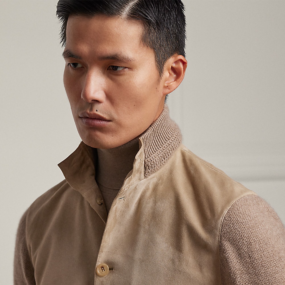 Suede-Front Cashmere Cardigan - Truffle Melange W/Truffle Sde