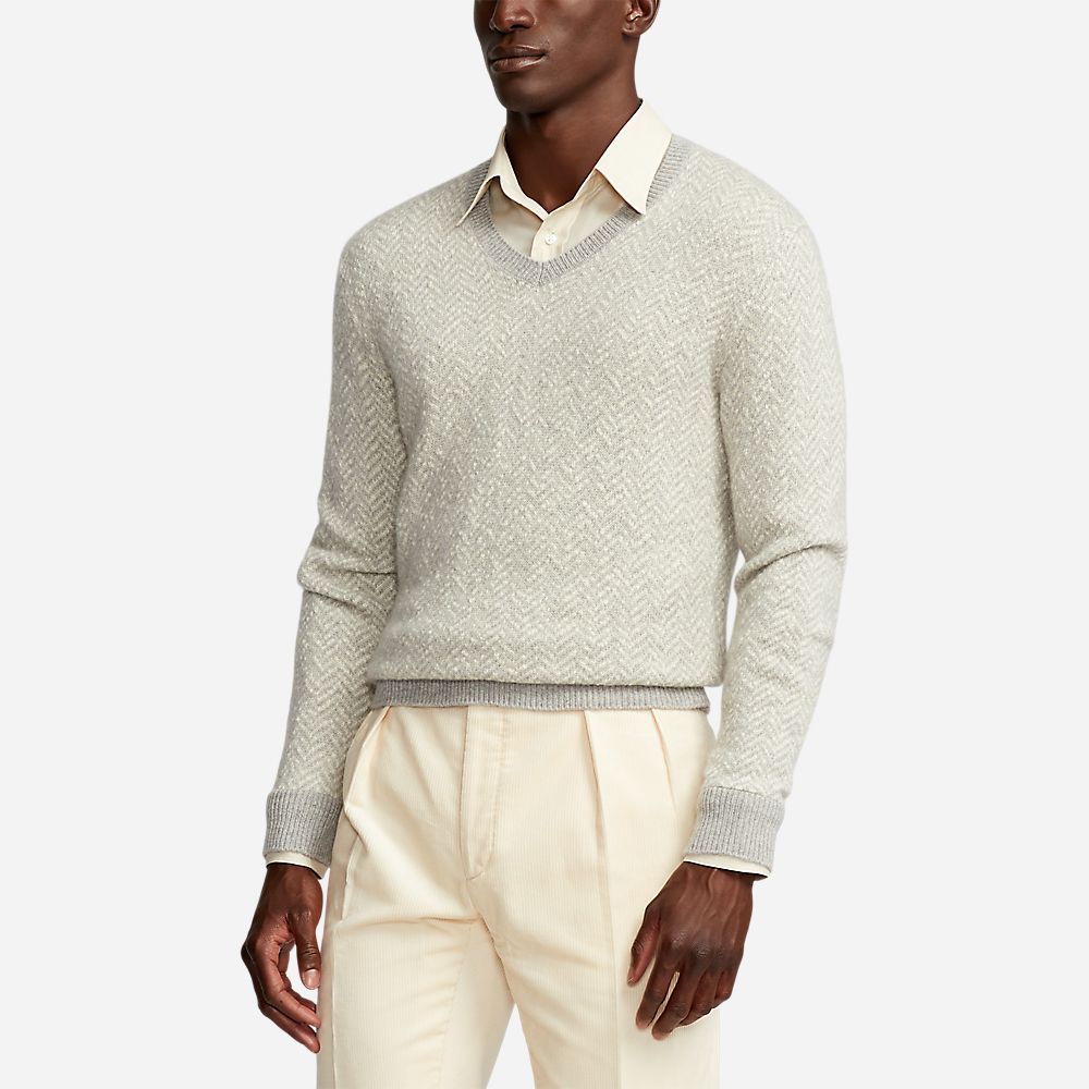 Herringbone Cashmere V-Neck Jumper - Grey Multi
