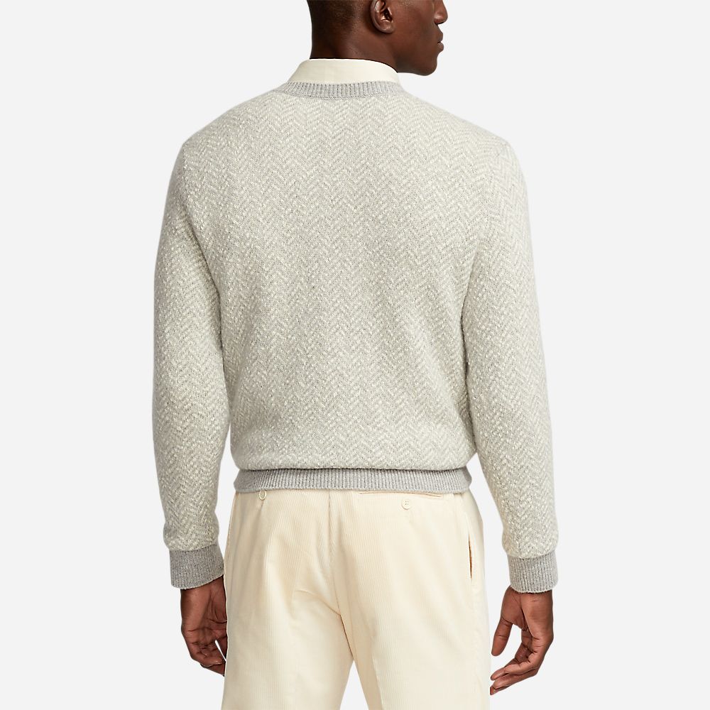 Herringbone Cashmere V-Neck Jumper - Grey Multi