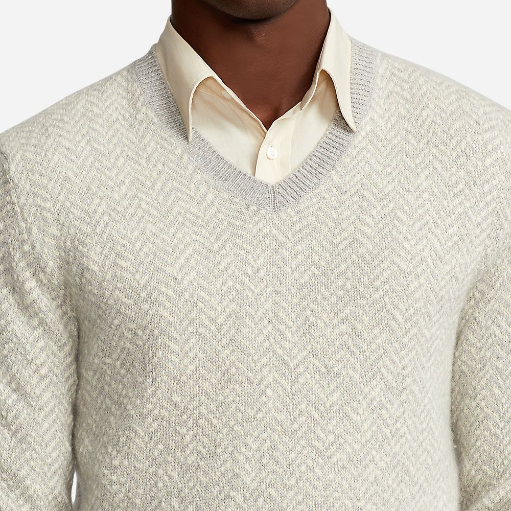 Herringbone Cashmere V-Neck Jumper - Grey Multi