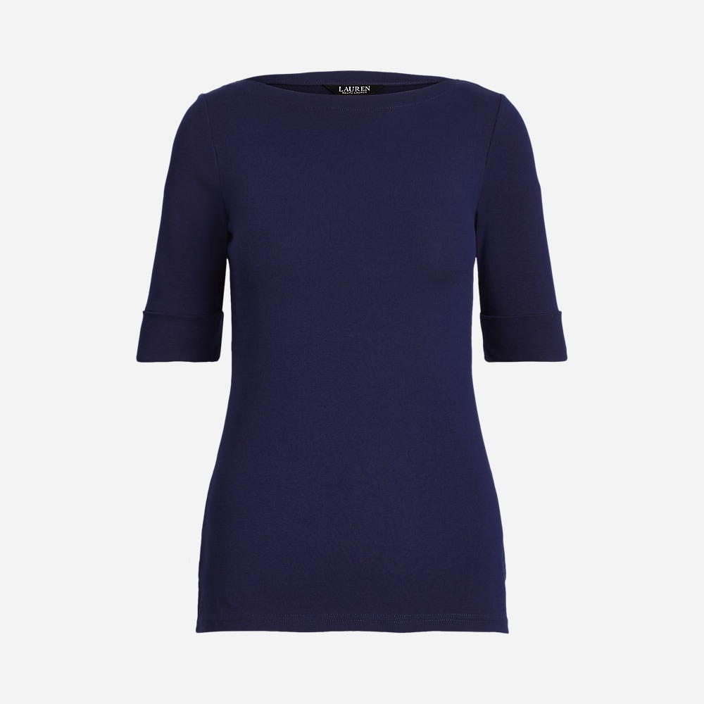 Stretch Cotton Boatneck Tee - Lauren Navy
