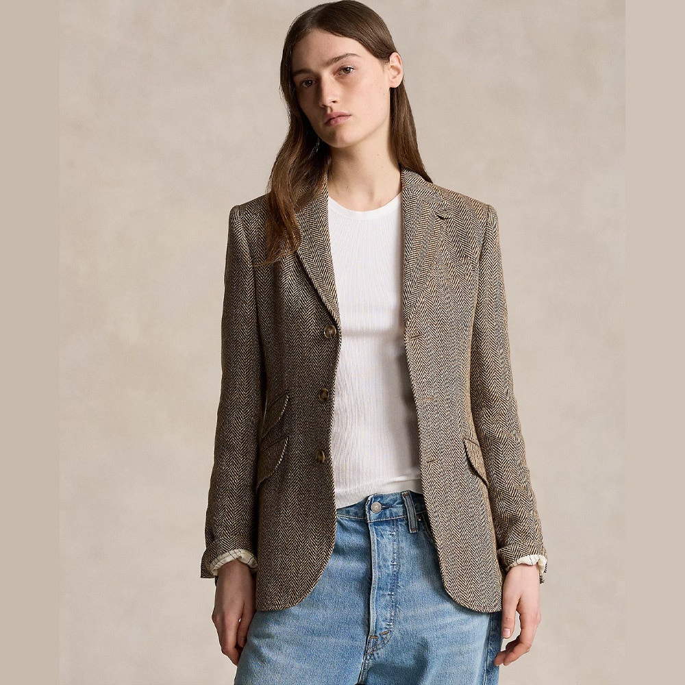 Linen-Blend Herringbone Hacking Blazer - Brown/Cream Herringbone