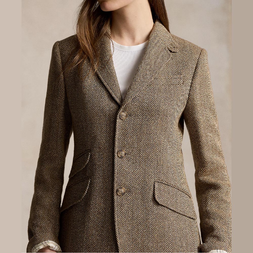 Linen-Blend Herringbone Hacking Blazer - Brown/Cream Herringbone