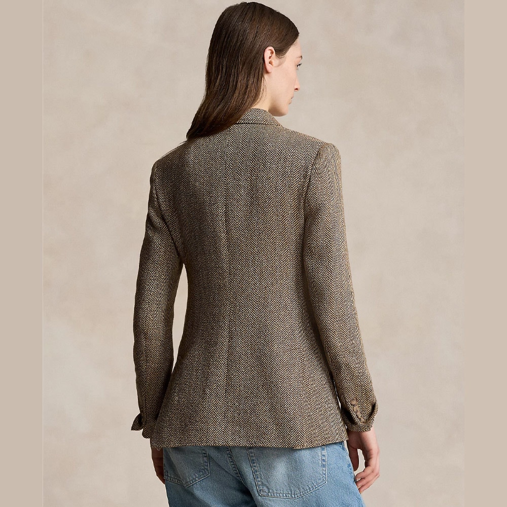 Linen-Blend Herringbone Hacking Blazer - Brown/Cream Herringbone