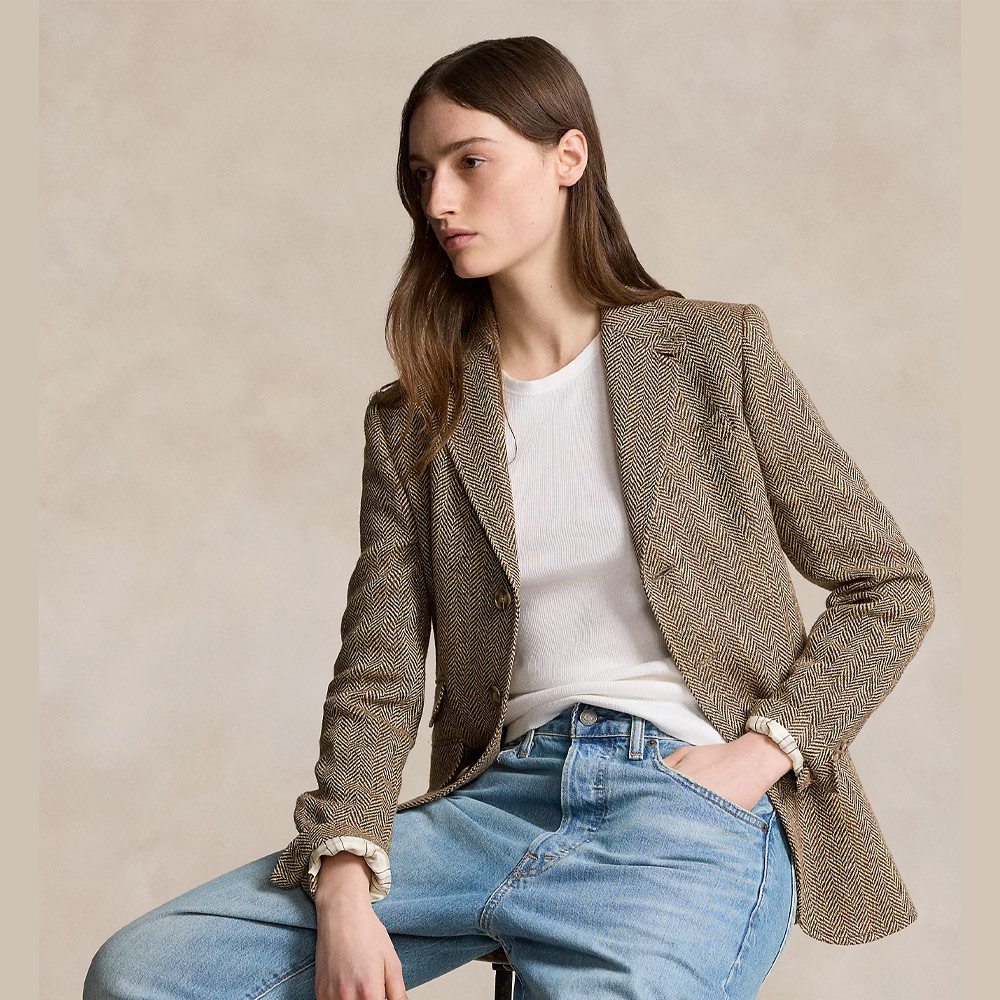 Linen-Blend Herringbone Hacking Blazer - Brown/Cream Herringbone