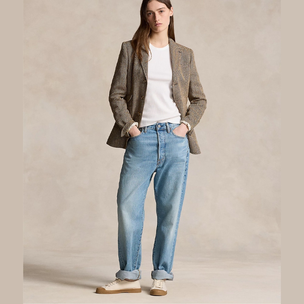 Linen-Blend Herringbone Hacking Blazer - Brown/Cream Herringbone