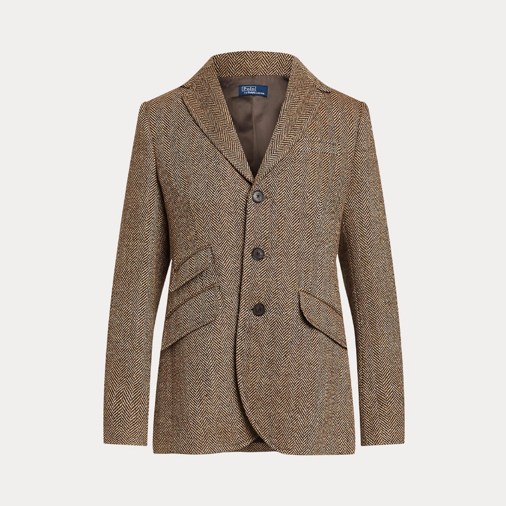 Linen-Blend Herringbone Hacking Blazer - Brown/Cream Herringbone