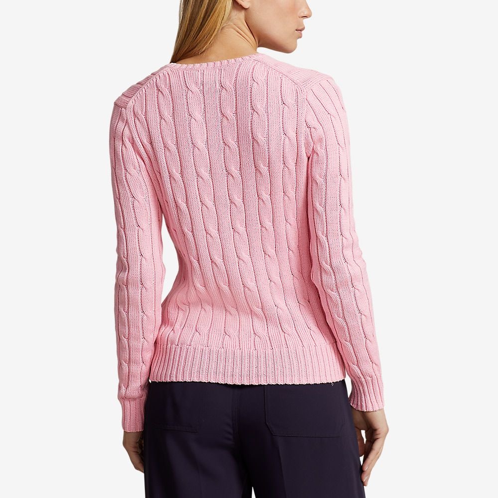 Cable-Knit Cotton V-Neck Sweater - Carmel Pink