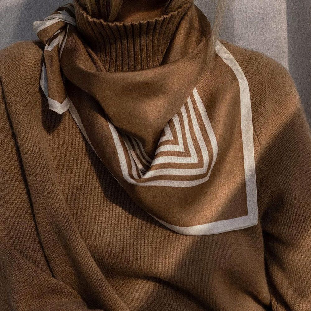 No. 9 Silk Scarf - Camel & White