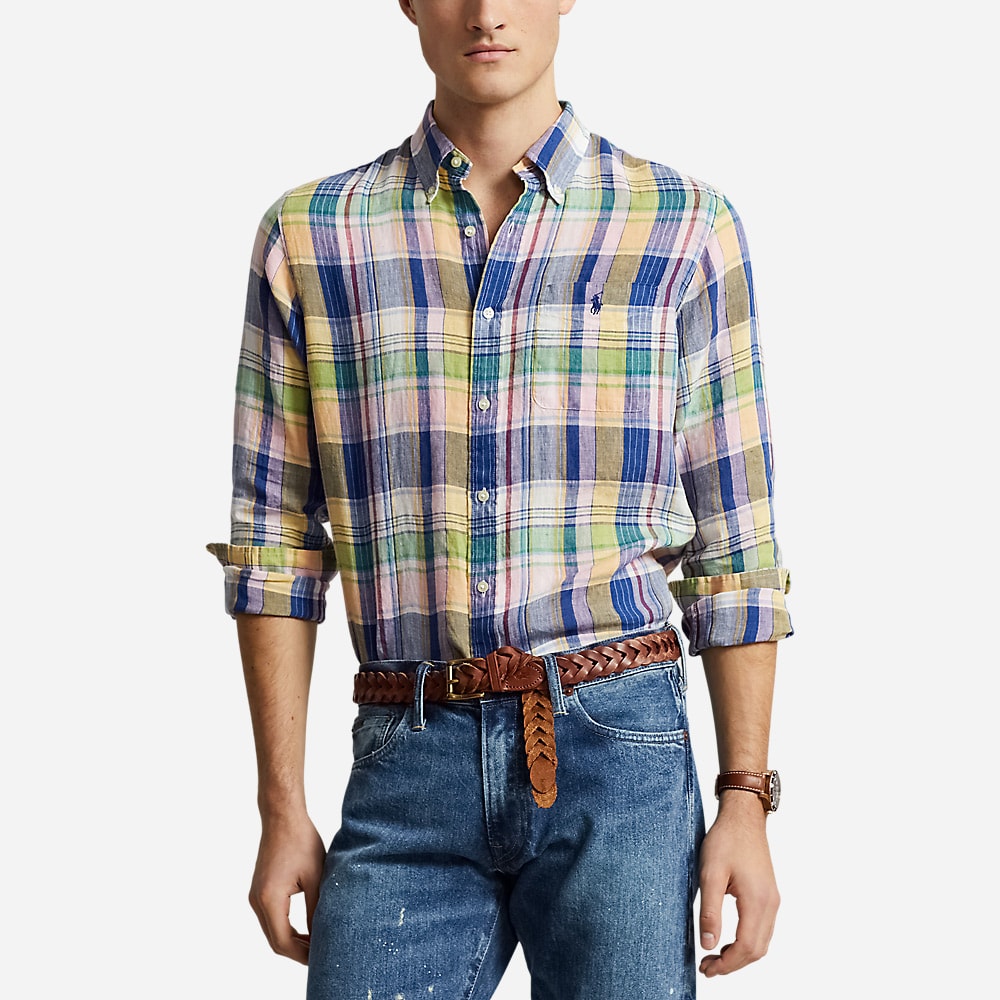 Custom Fit Plaid Linen Shirt - Navy/Pink Multi