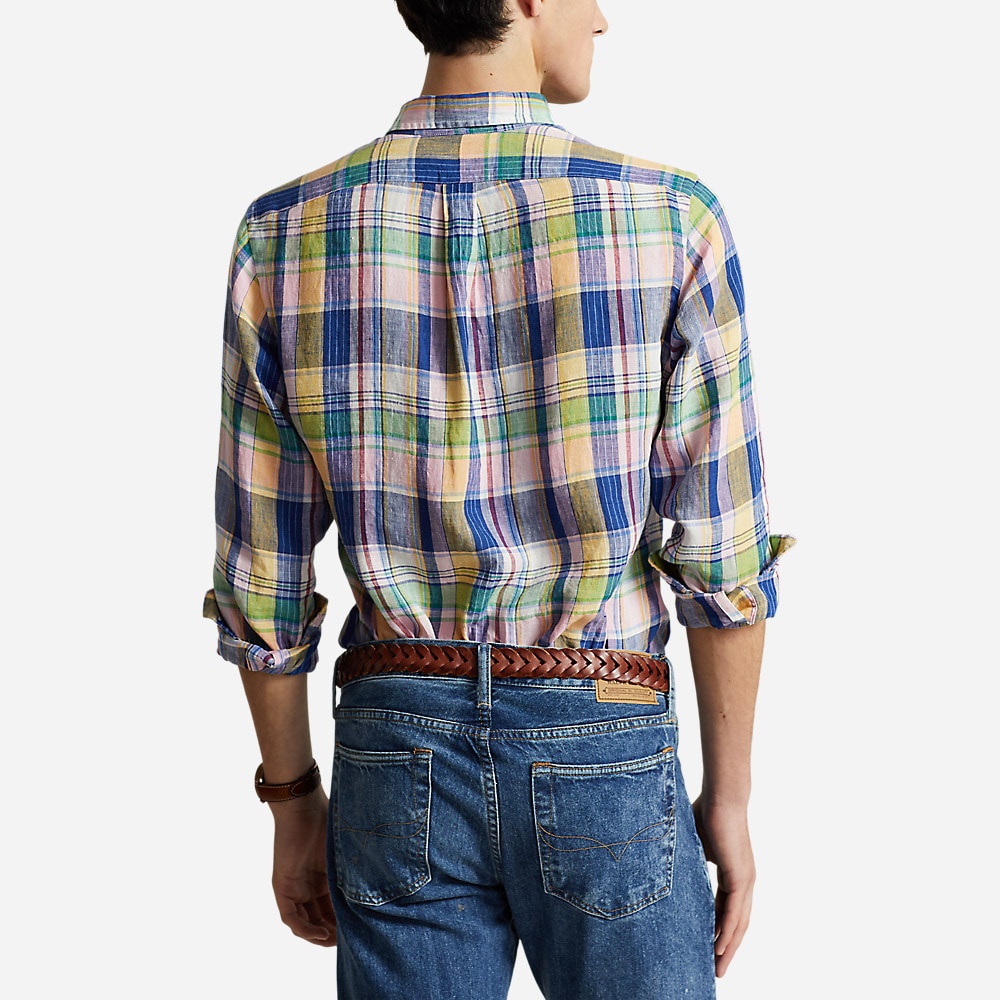 Custom Fit Plaid Linen Shirt - Navy/Pink Multi
