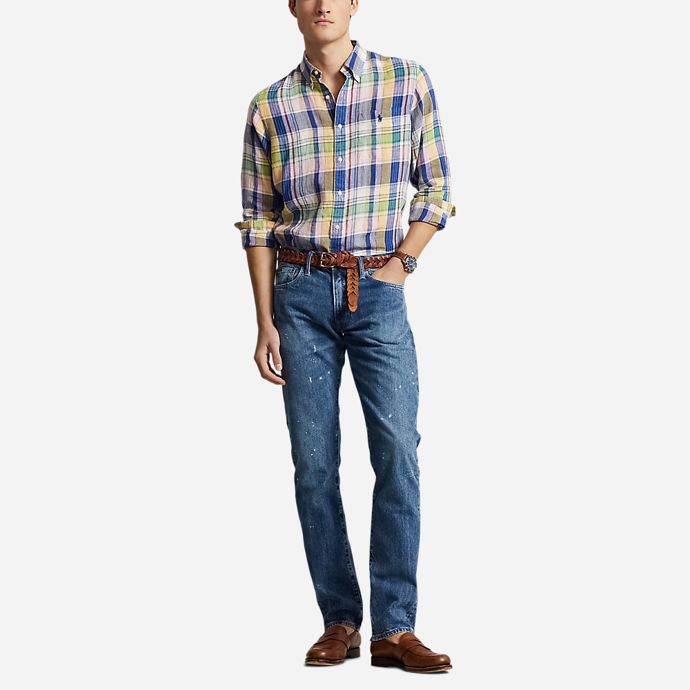 Custom Fit Plaid Linen Shirt - Navy/Pink Multi