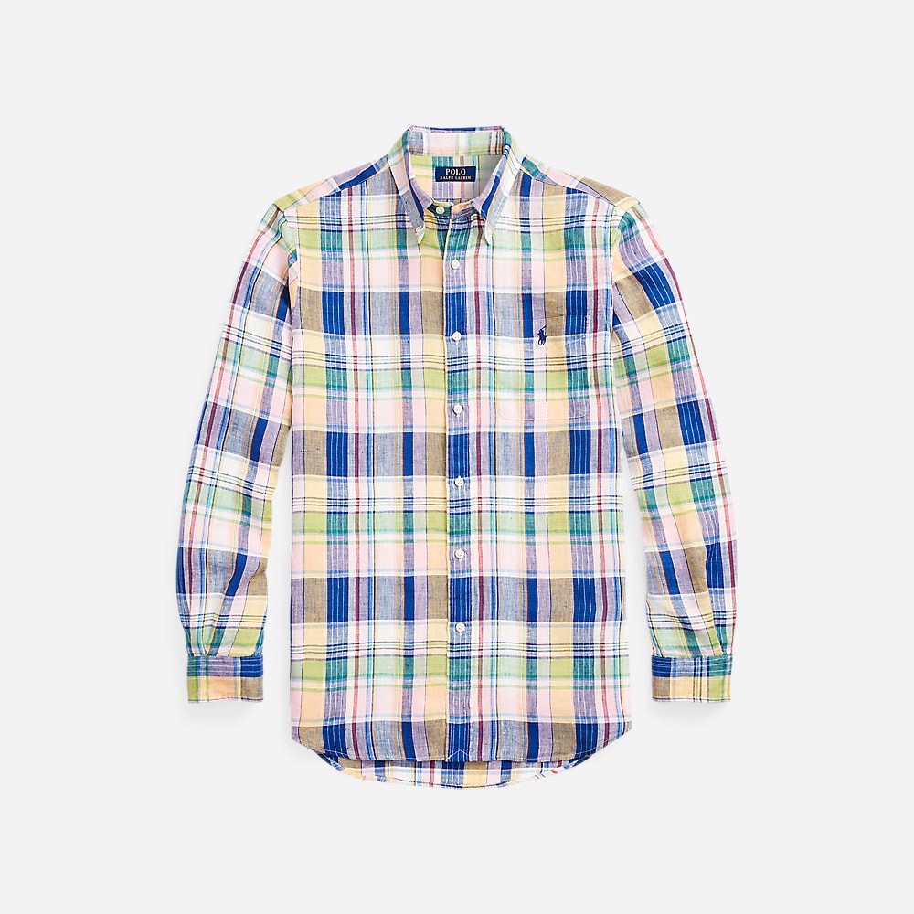 Custom Fit Plaid Linen Shirt - Navy/Pink Multi