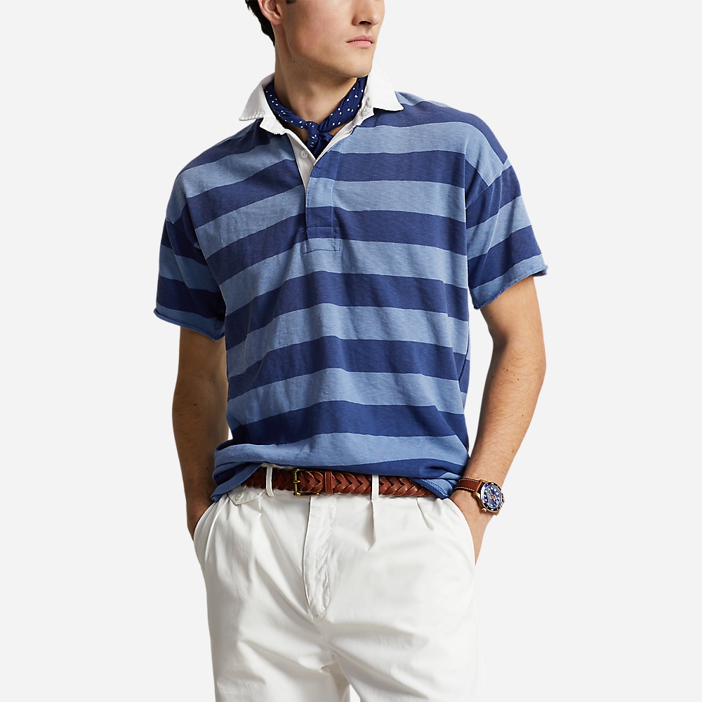 Classic Fit Striped Jersey Rugby Shirt - Beach Royal Multi