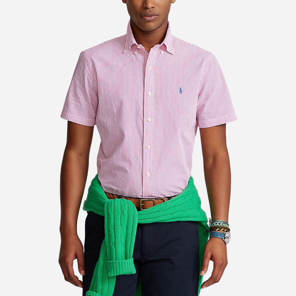 Custom Fit Striped Seersucker Shirt - Rose/White