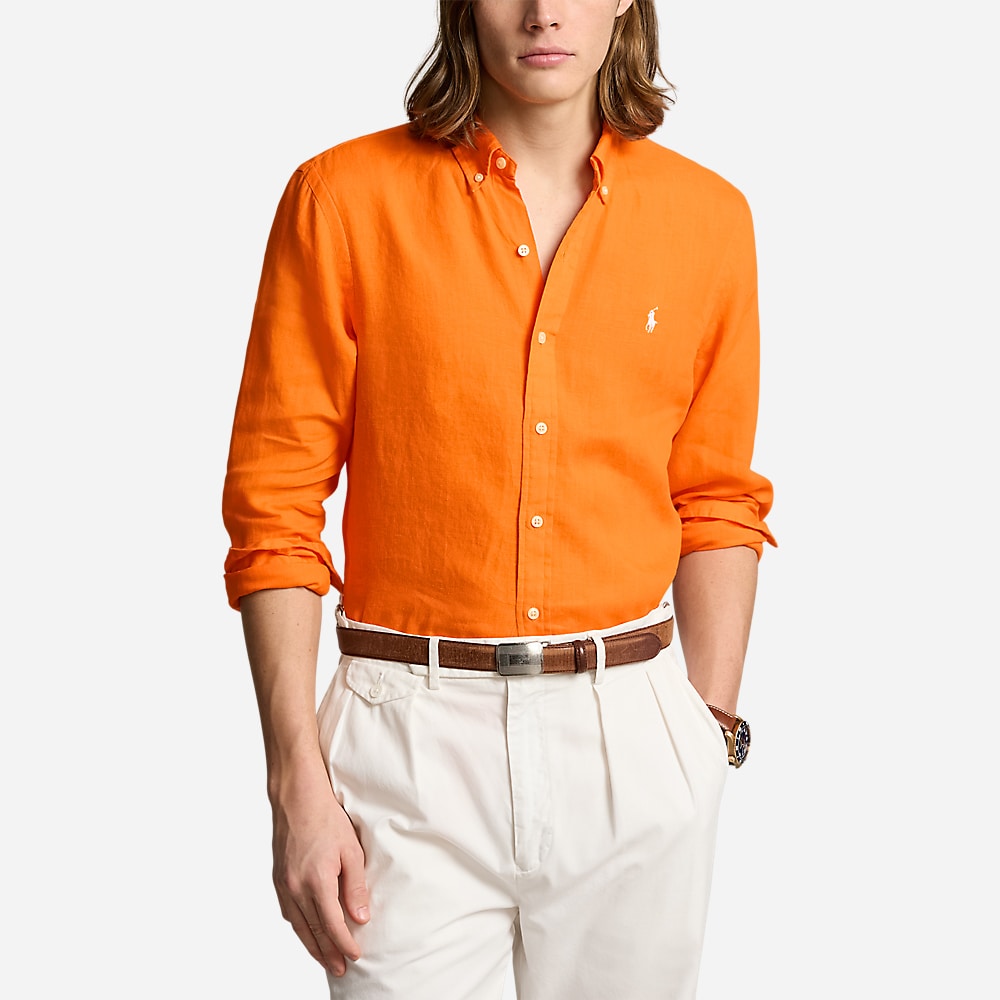 Slim Fit Linen Shirt - Bright Signal Orange