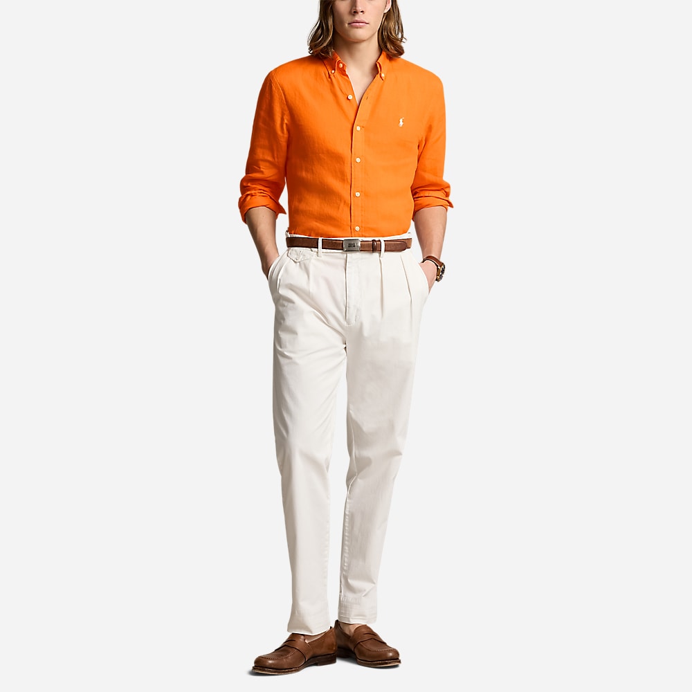 Slim Fit Linen Shirt - Bright Signal Orange