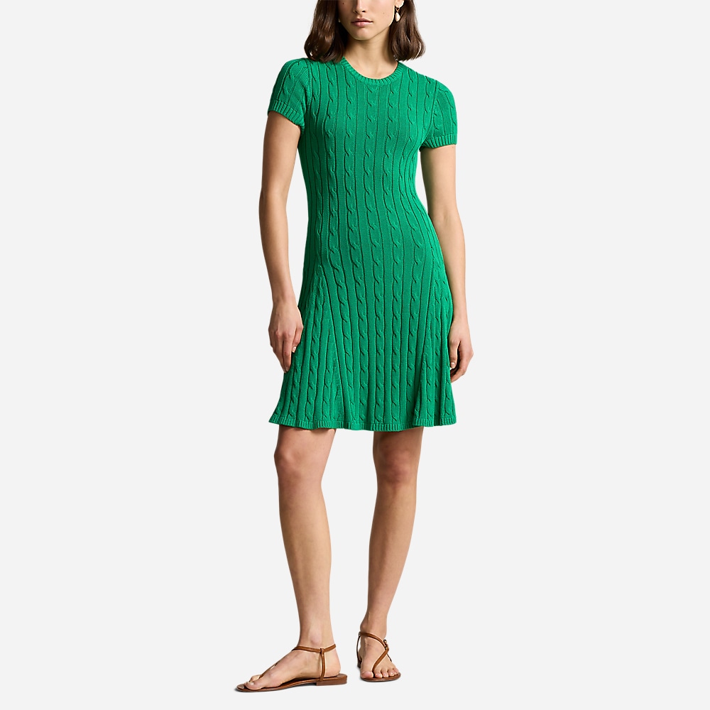 Cable-Knit Short-Sleeve Sweater Dress - Scarab Green