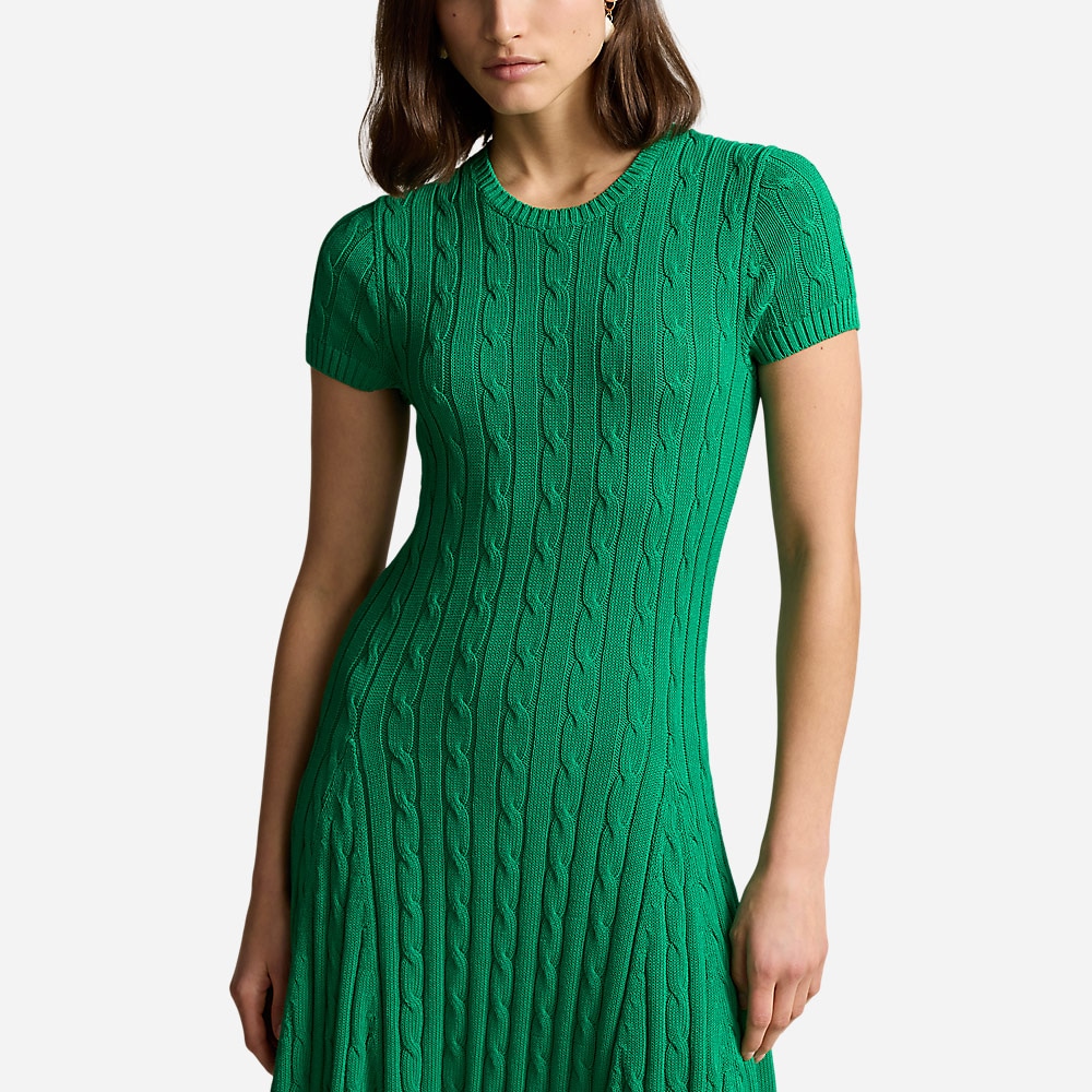 Cable-Knit Short-Sleeve Sweater Dress - Scarab Green