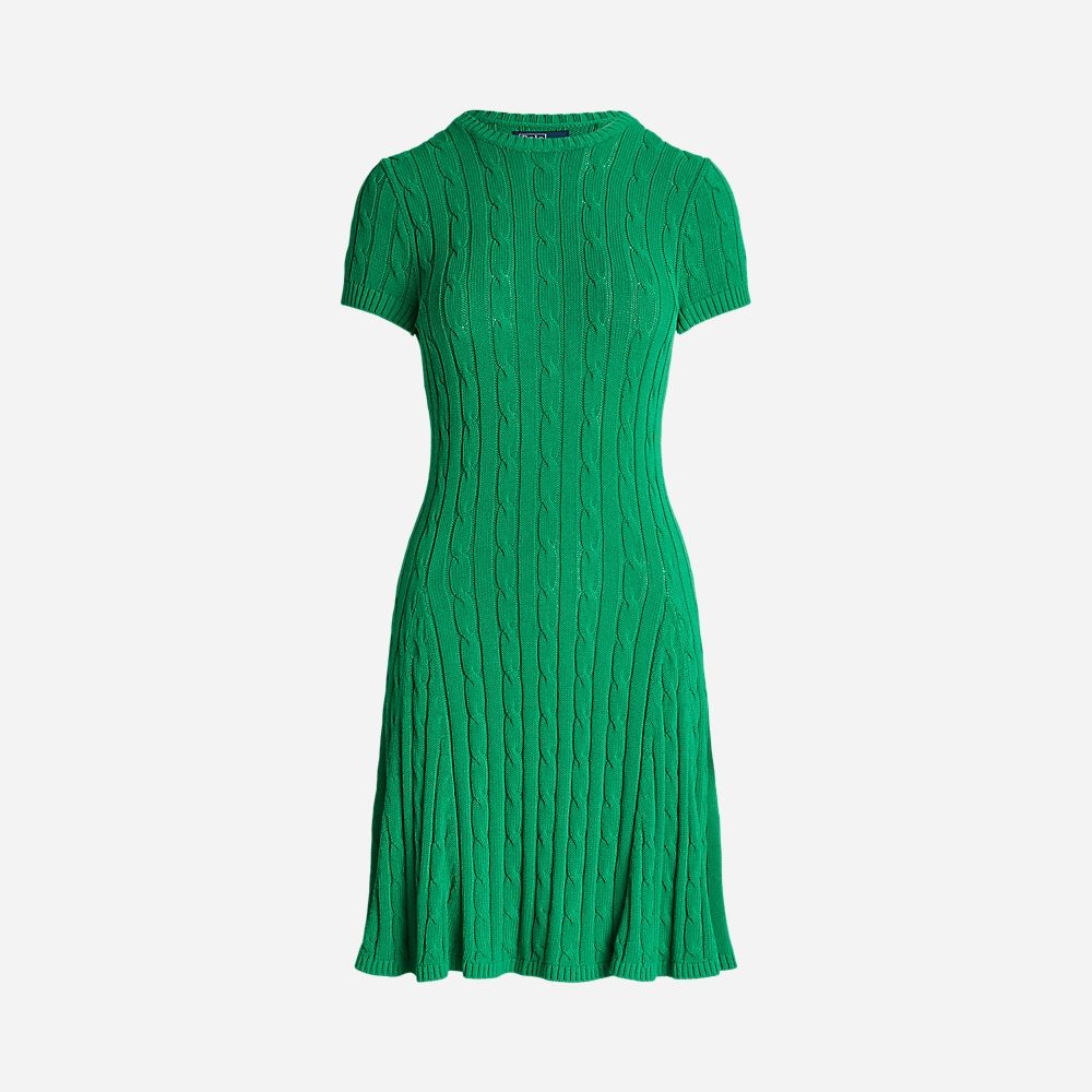 Cable-Knit Short-Sleeve Sweater Dress - Scarab Green