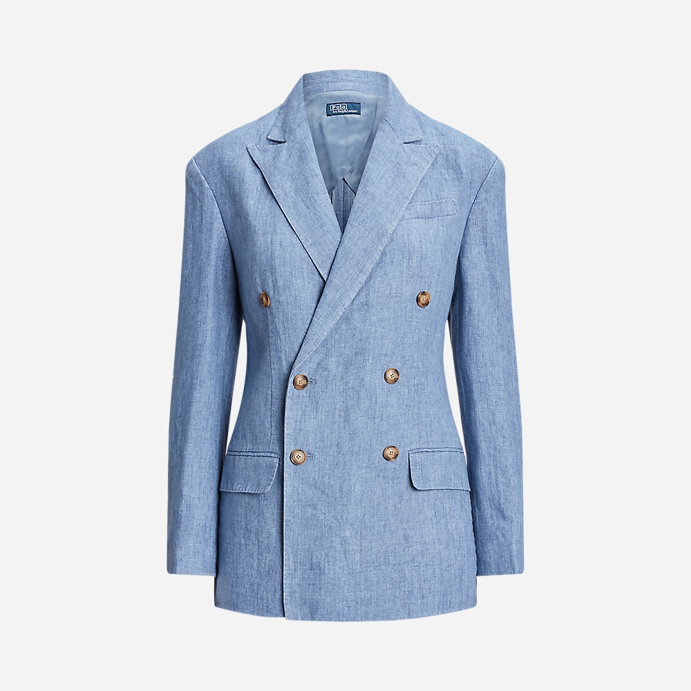 Double-Breasted Linen Blazer - Capri Blue