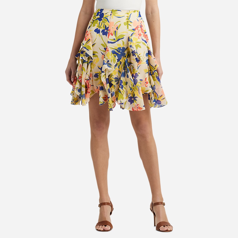 Floral Ruffle-Trim Georgette Skirt - Cream/Blue Multi