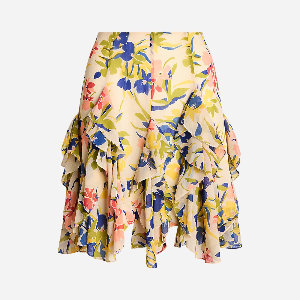 Floral Ruffle-Trim Georgette Skirt - Cream/Blue Multi