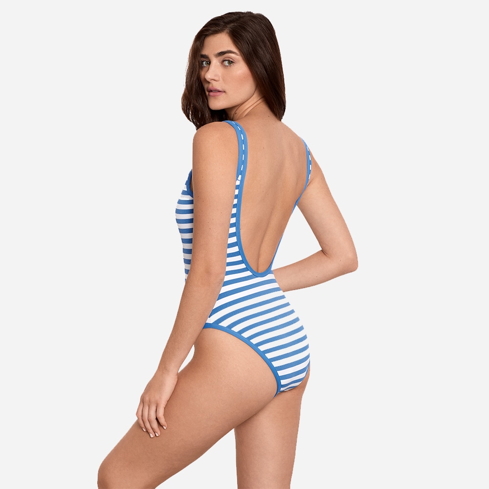 Piquet Stripe Scoopneck Swimsuit - Riviera Blue & White