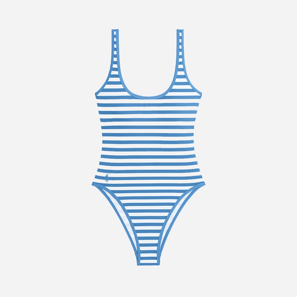 Piquet Stripe Scoopneck Swimsuit - Riviera Blue & White