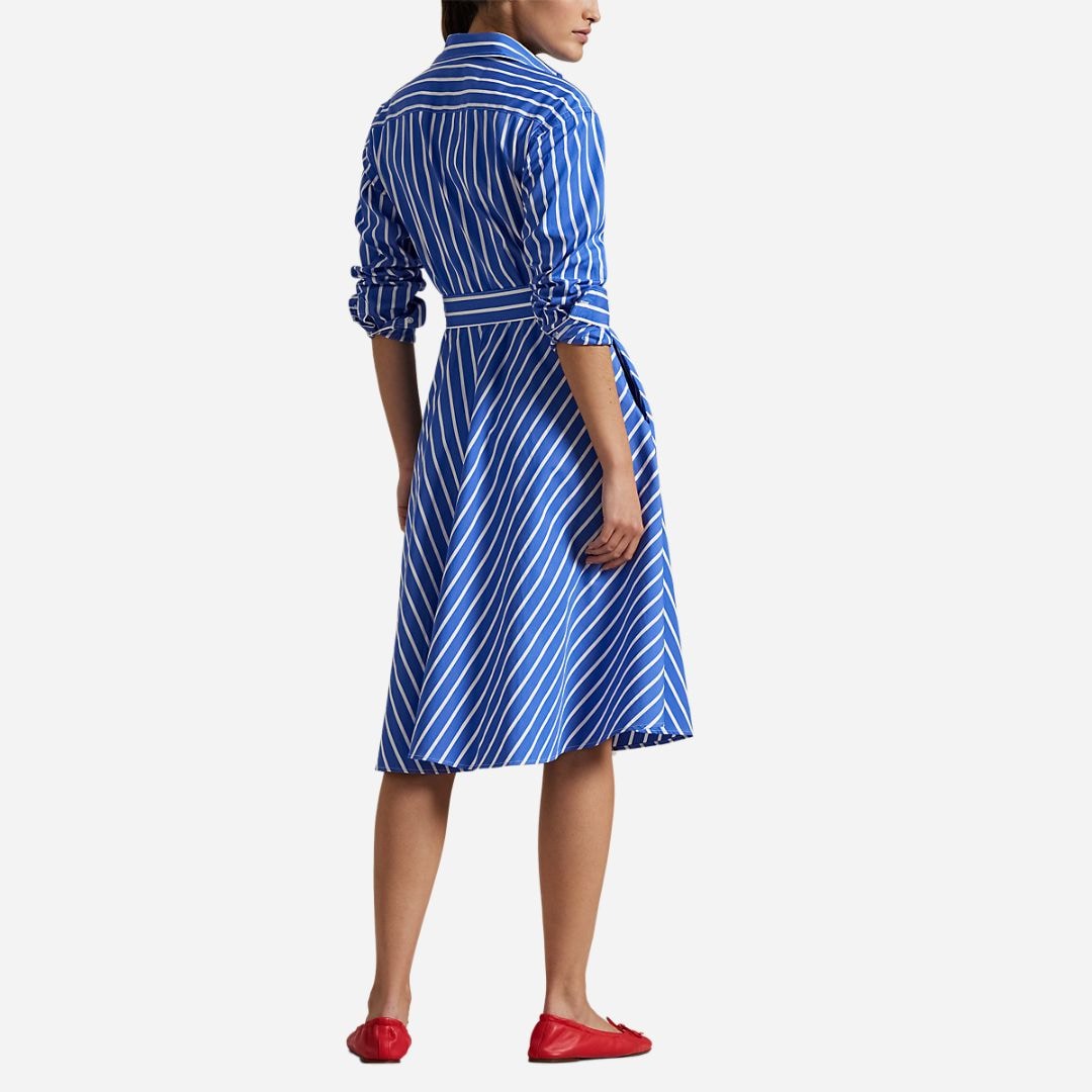  Belted Wide-Stripe Cotton Shirtdress - Blue/White