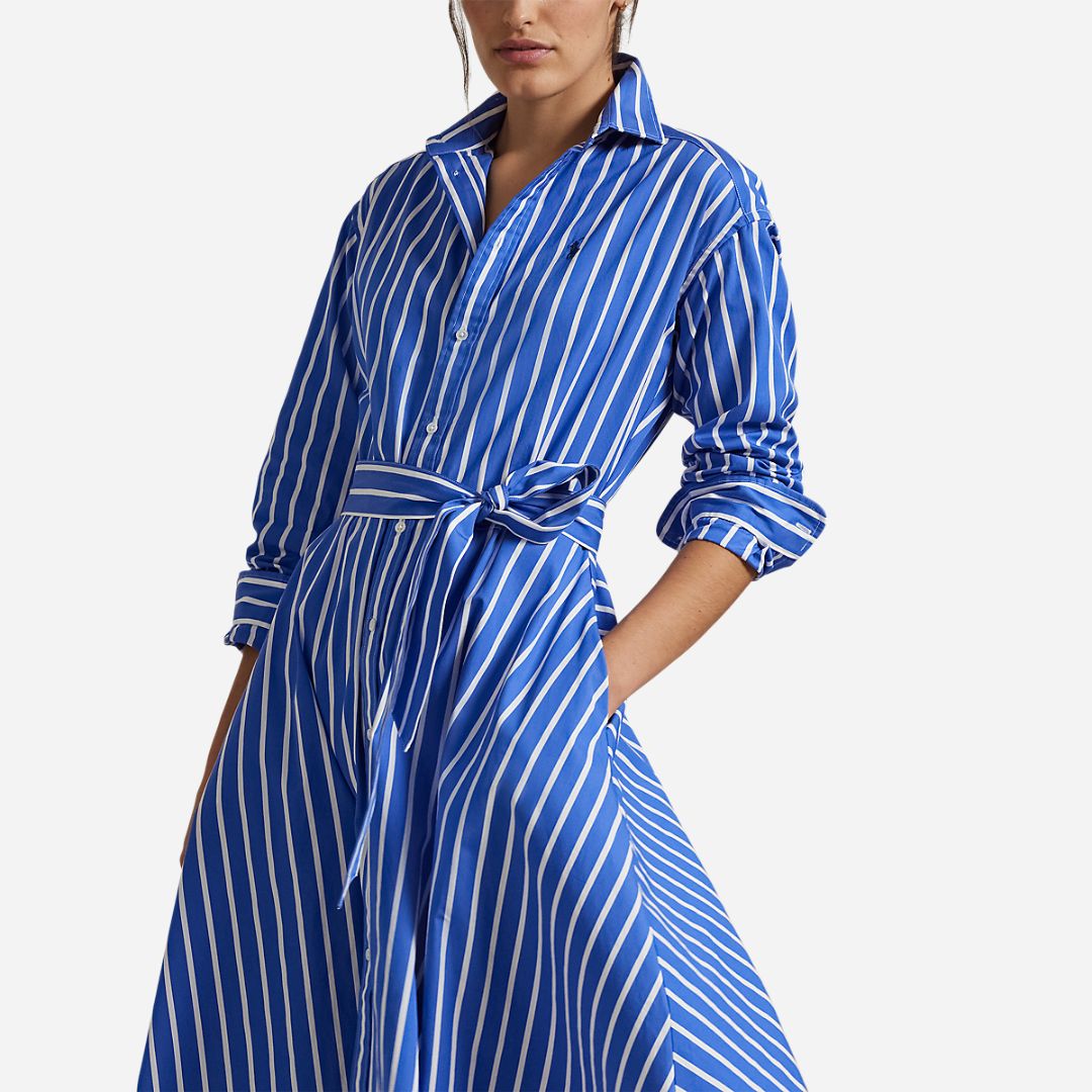  Belted Wide-Stripe Cotton Shirtdress - Blue/White