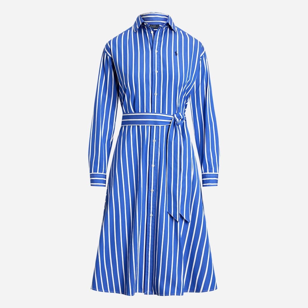  Belted Wide-Stripe Cotton Shirtdress - Blue/White