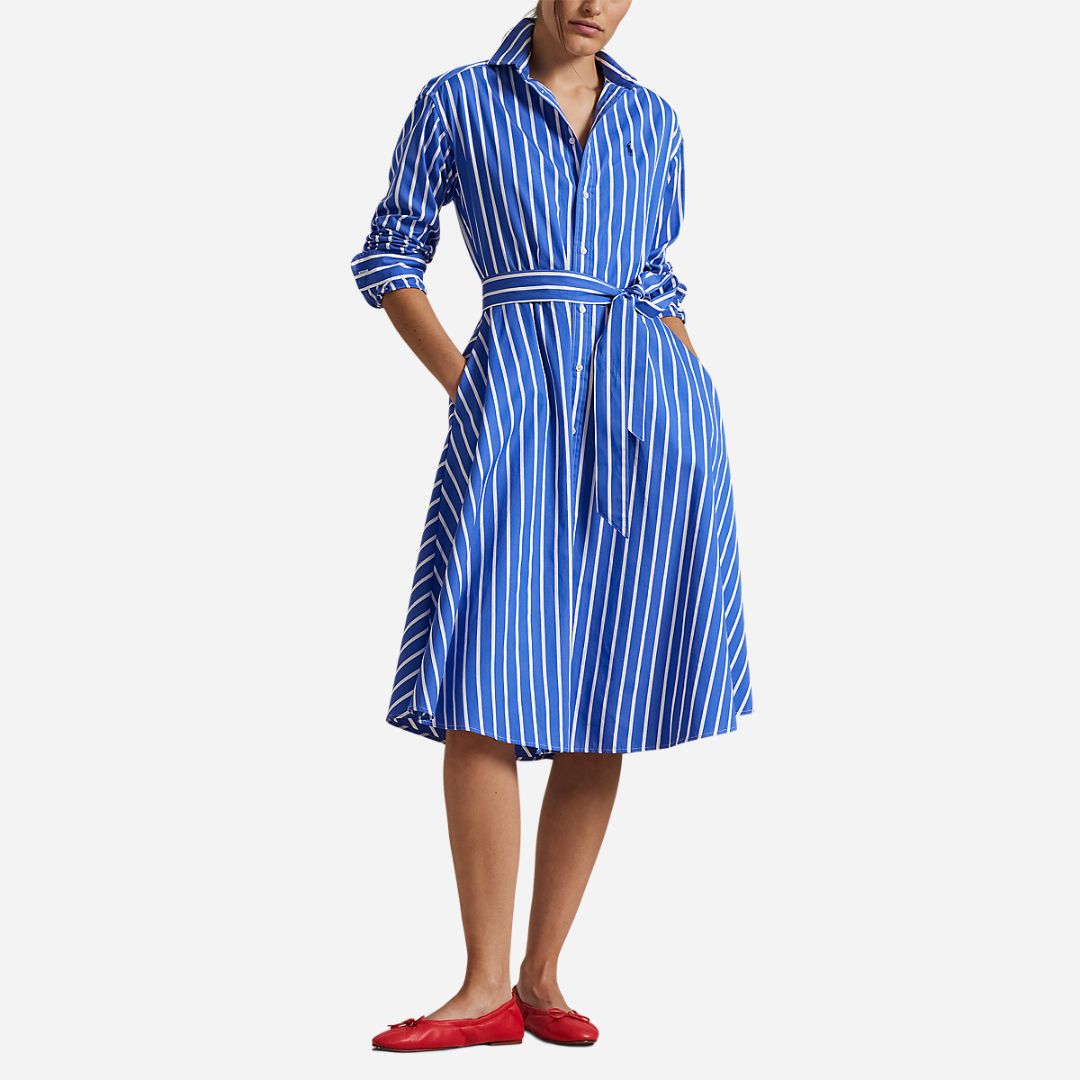  Belted Wide-Stripe Cotton Shirtdress - Blue/White