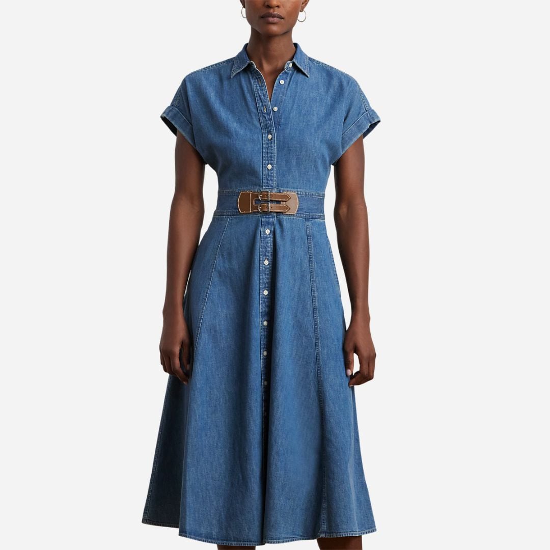 Buckle-Trim Denim Shirtdress -  Opal Wash