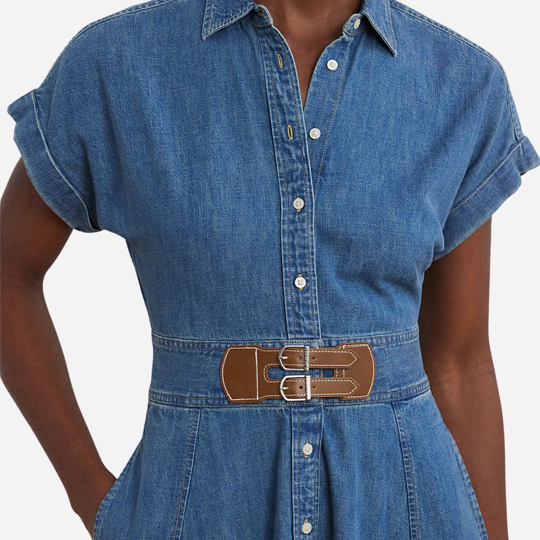 Buckle-Trim Denim Shirtdress -  Opal Wash
