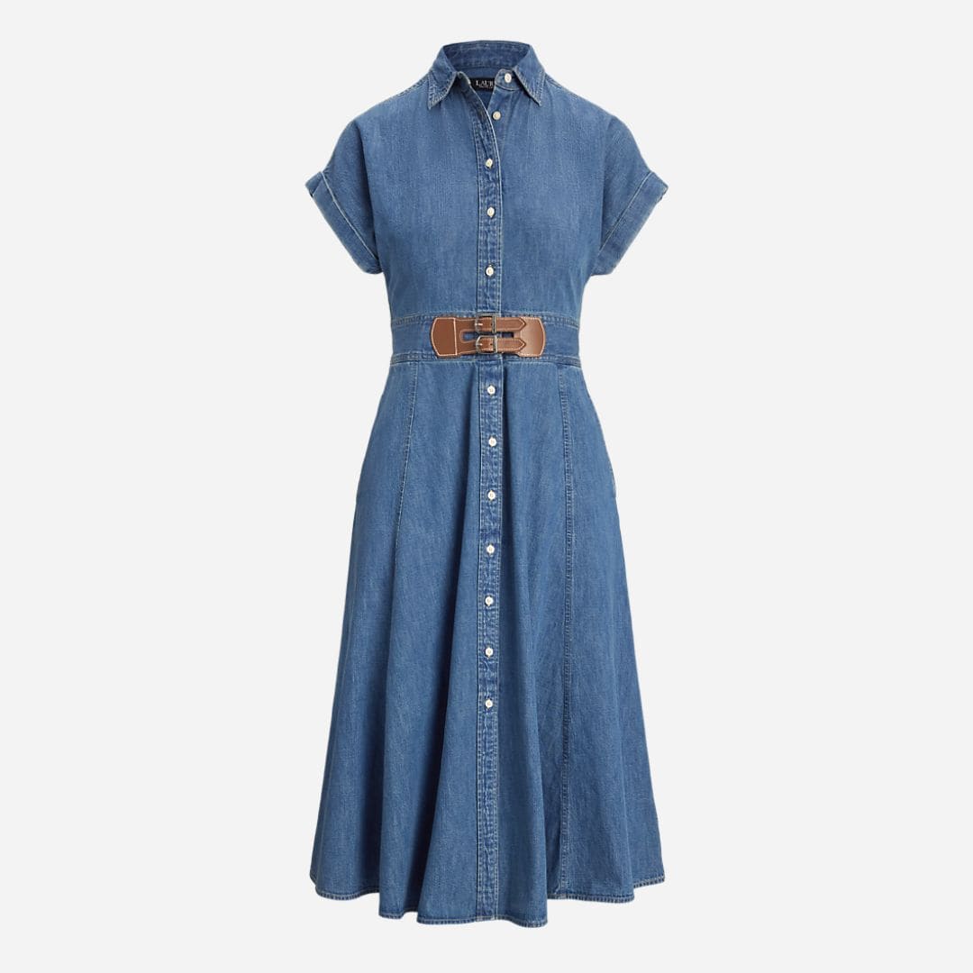Buckle-Trim Denim Shirtdress -  Opal Wash