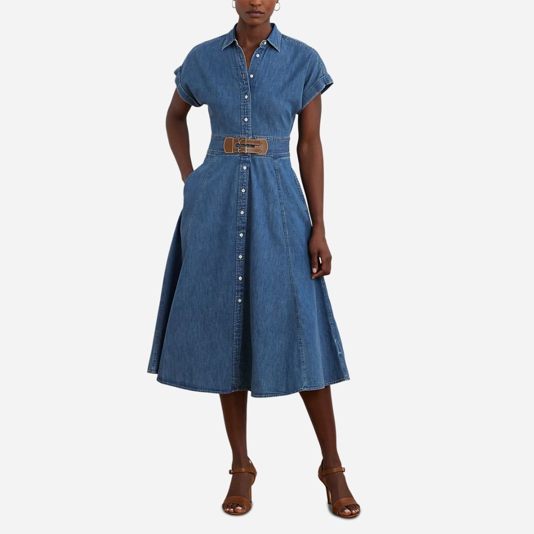 Buckle-Trim Denim Shirtdress -  Opal Wash