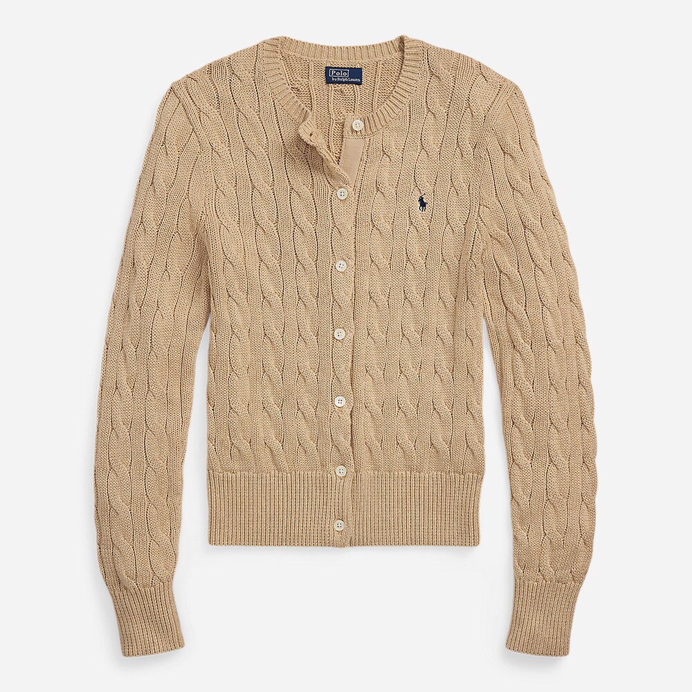 Cable-Knit Cotton Crewneck Cardigan - Light Saddle Heather