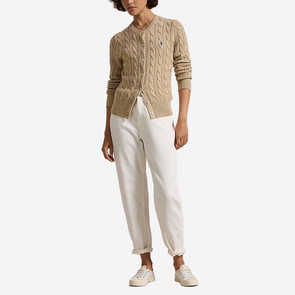 Cable-Knit Cotton Crewneck Cardigan - Light Saddle Heather
