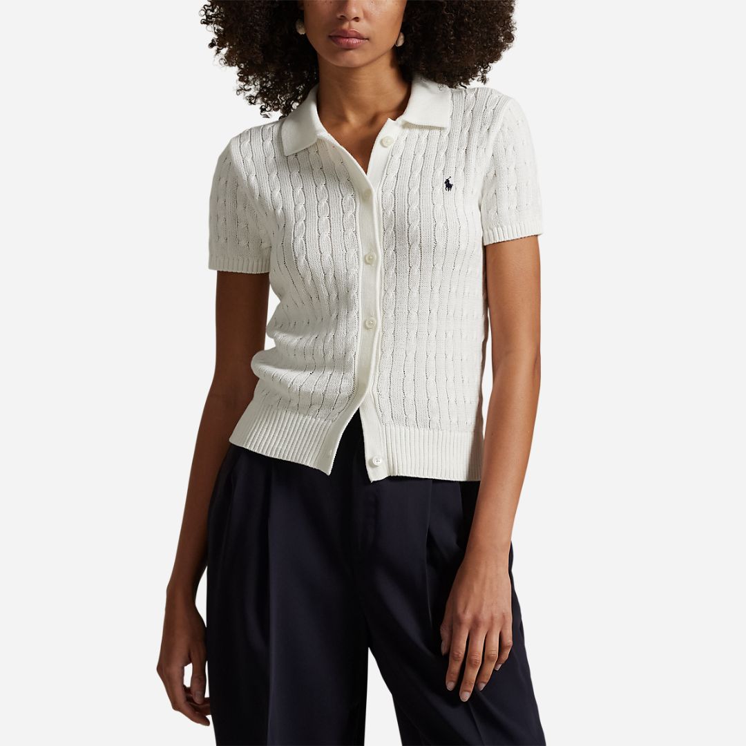 Cable-Knit Polo Cardigan - White