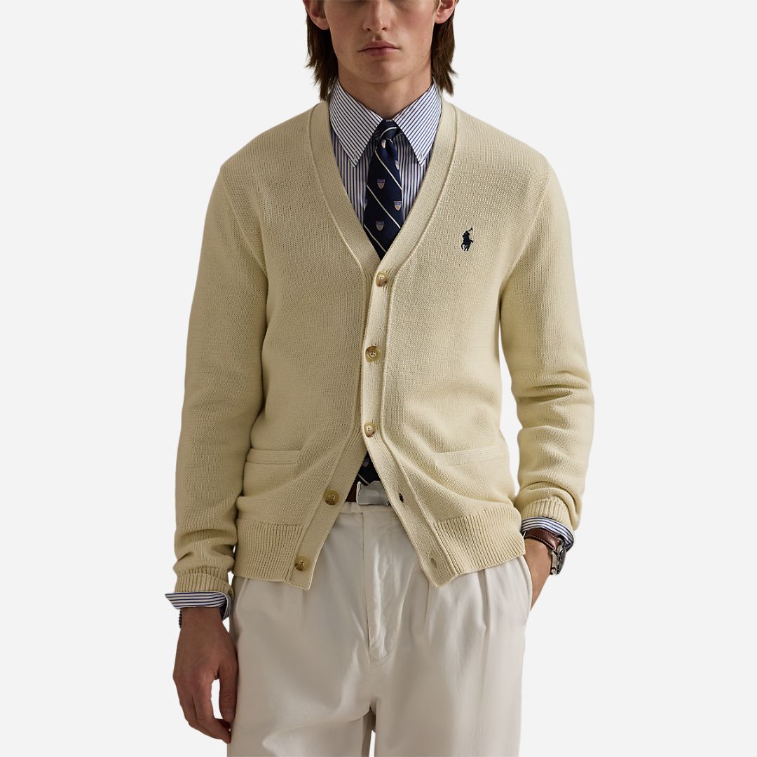 Cotton V-Neck Cardigan -  Andover Cream/Navy Pp