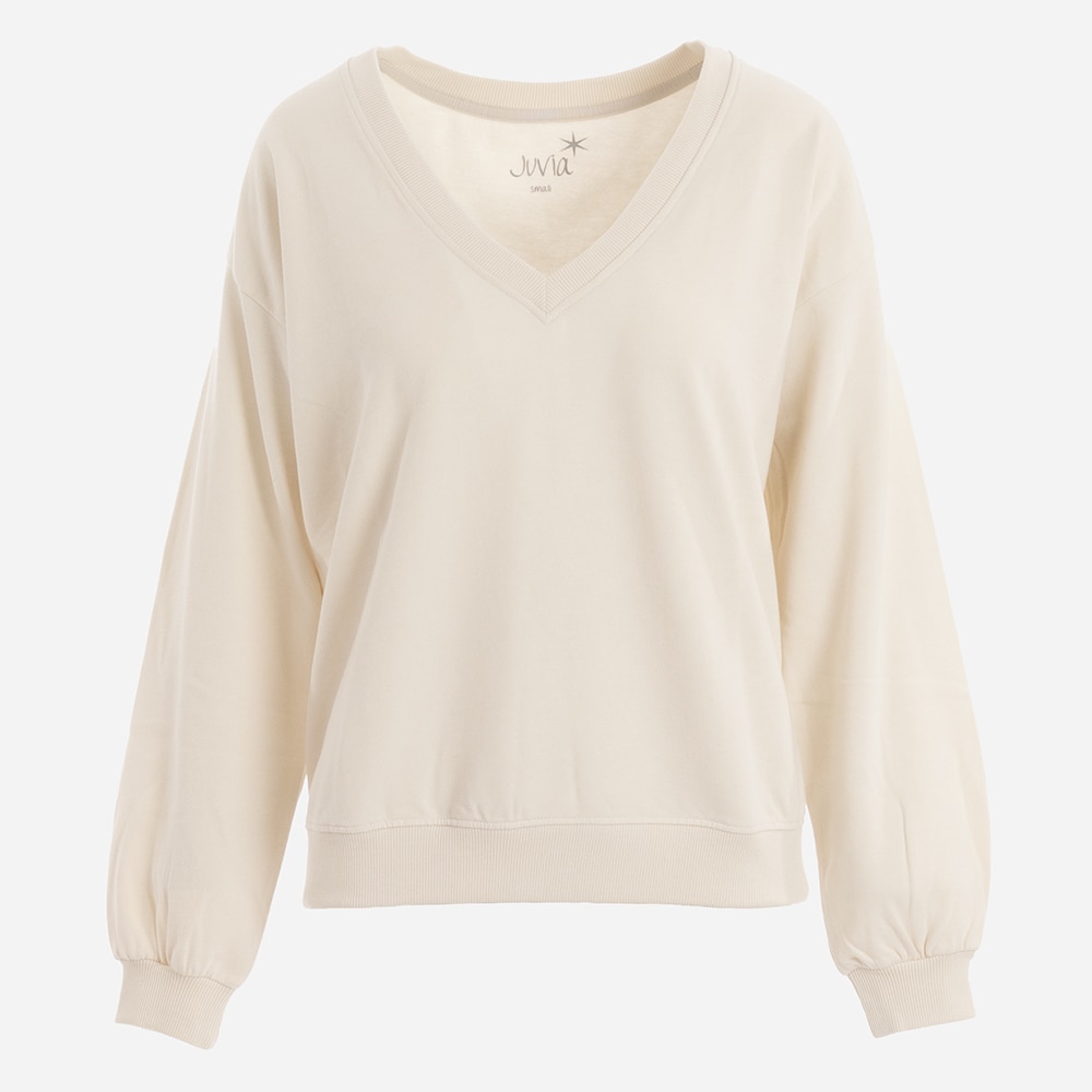 Fleece Sweater V-Neck With Puffy Sleeves - Eggshell