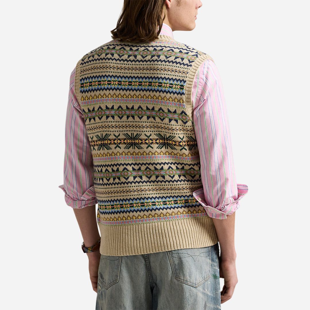 Fair Isle Cotton-Cashmere Sweater Vest - Tan Combo