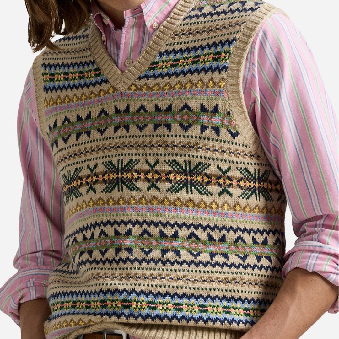 Fair Isle Cotton-Cashmere Sweater Vest - Tan Combo