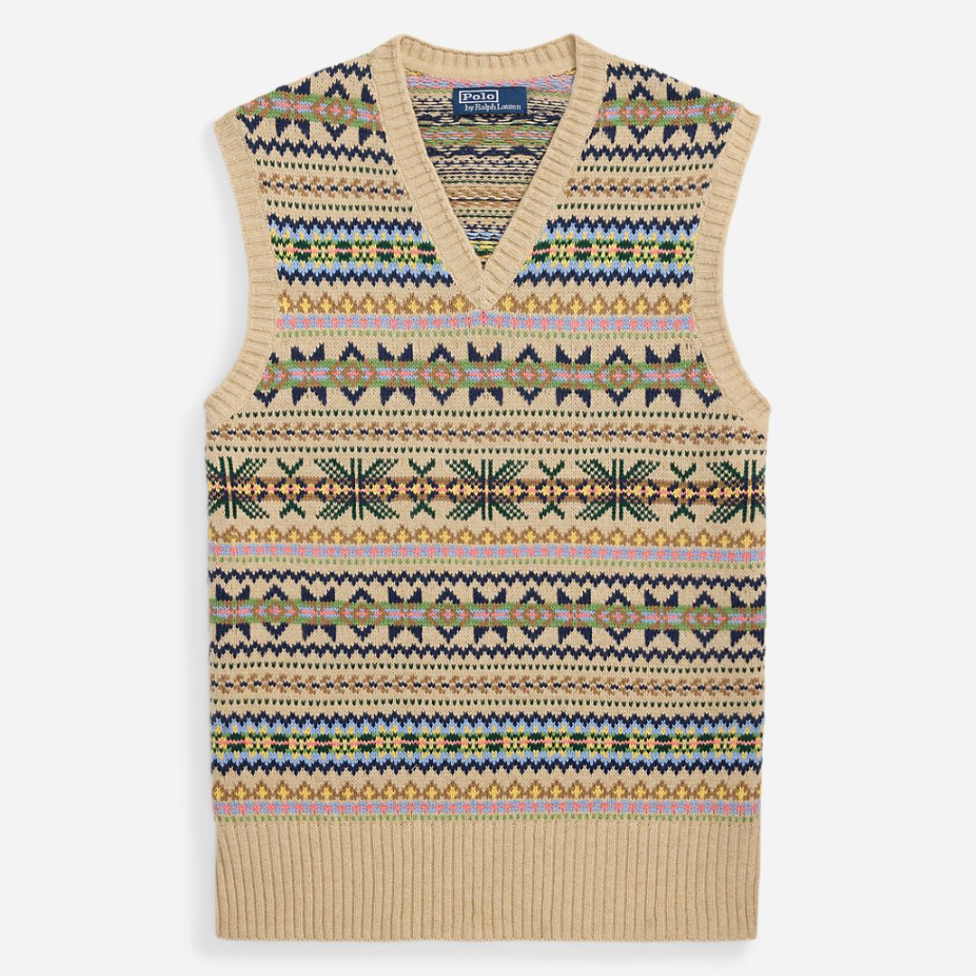 Fair Isle Cotton-Cashmere Sweater Vest - Tan Combo