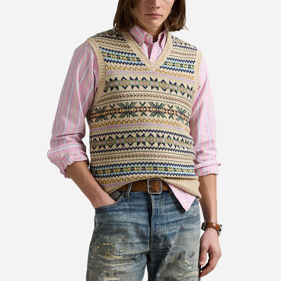 Fair Isle Cotton-Cashmere Sweater Vest - Tan Combo