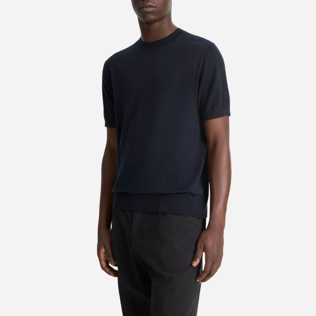 Featherweight Merino Wool-Cashmere Short-Sleeve Sweater - Coastal Blue