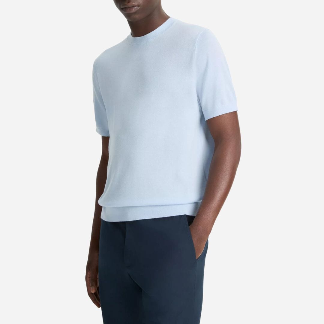 Featherweight Merino Wool-Cashmere Short-Sleeve Sweater - Playa Blue