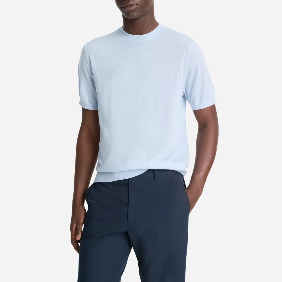 Featherweight Merino Wool-Cashmere Short-Sleeve Sweater - Playa Blue