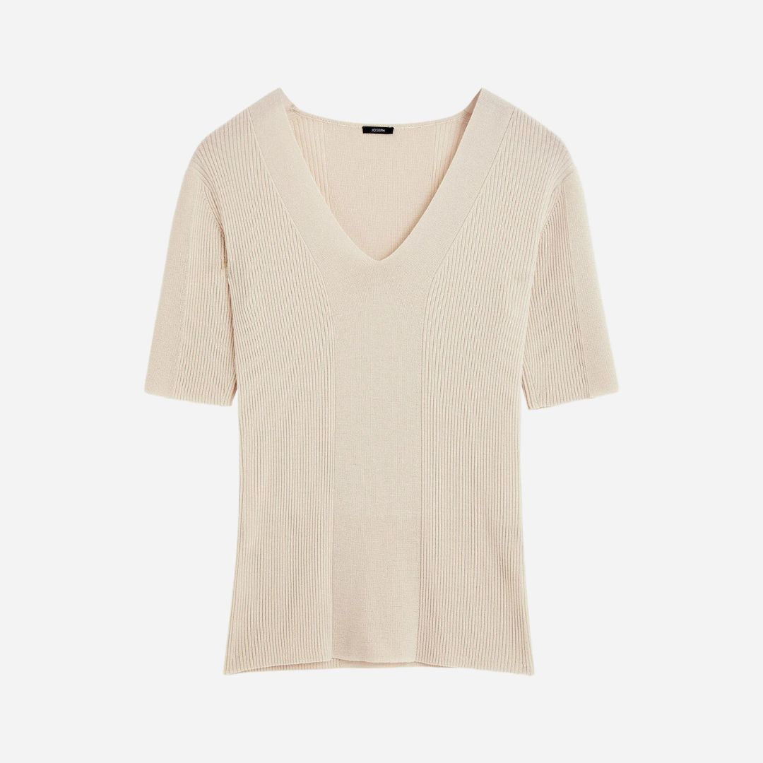 Fine Merino Rib V-Neck Top - Quail